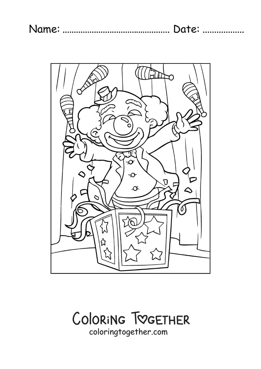 Coloring page of a clown juggling at the circus