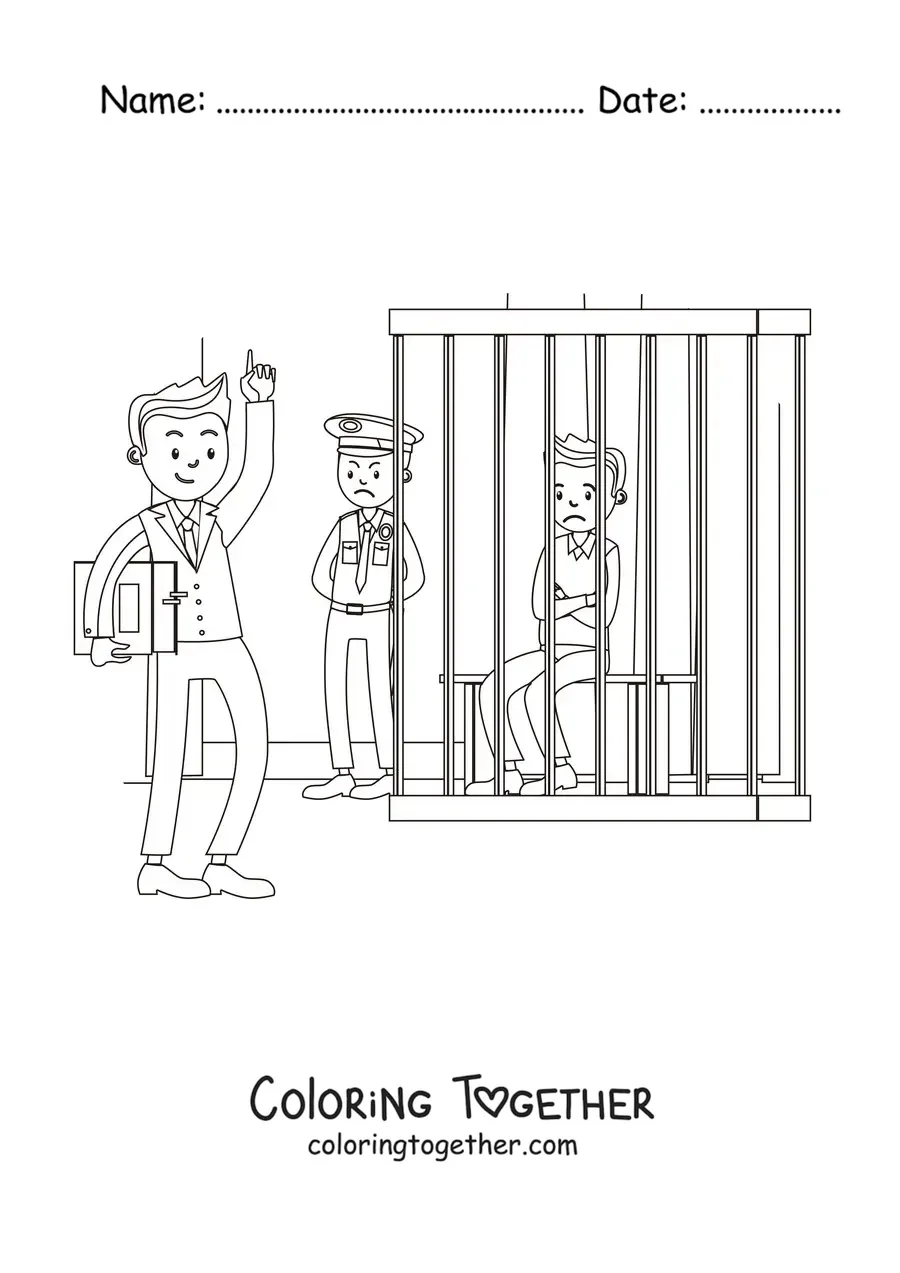 Coloring page of a lawyer defending a client in prison