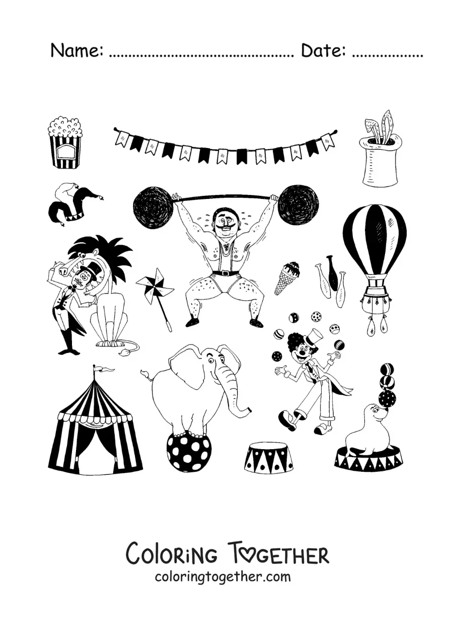 Coloring page of cartoon circus characters