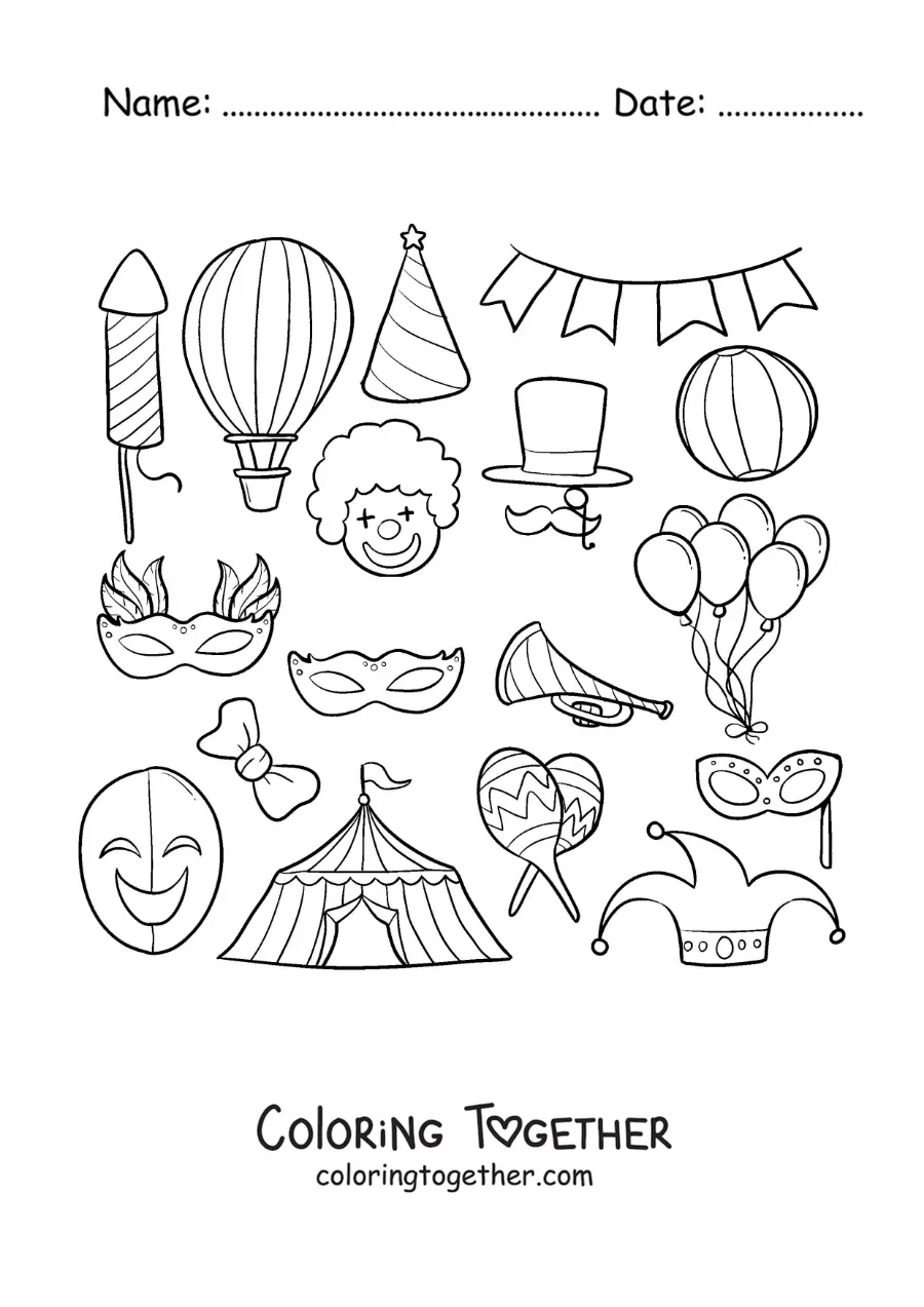 Coloring page of circus masks, hats and props