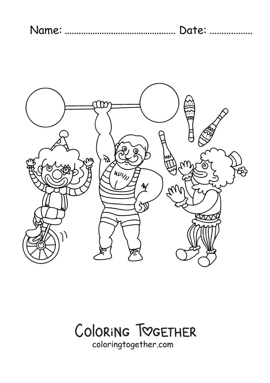 Coloring page of a clown, a strongman and a circus juggler