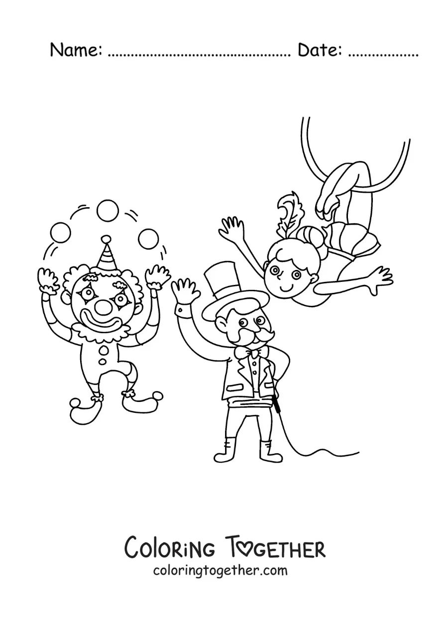 Coloring page of a clown juggler, a magician and a circus acrobat