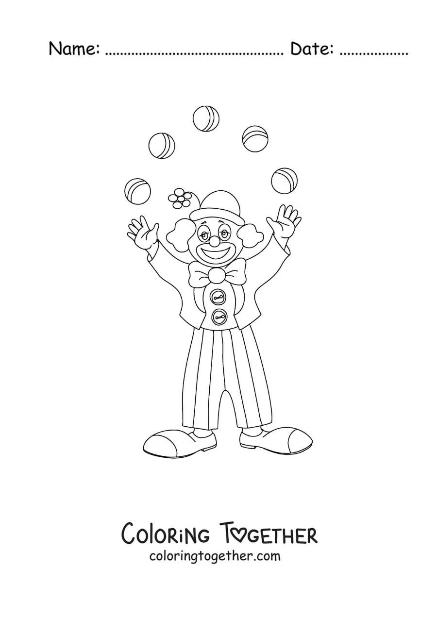 Coloring page of a carnival clown juggling