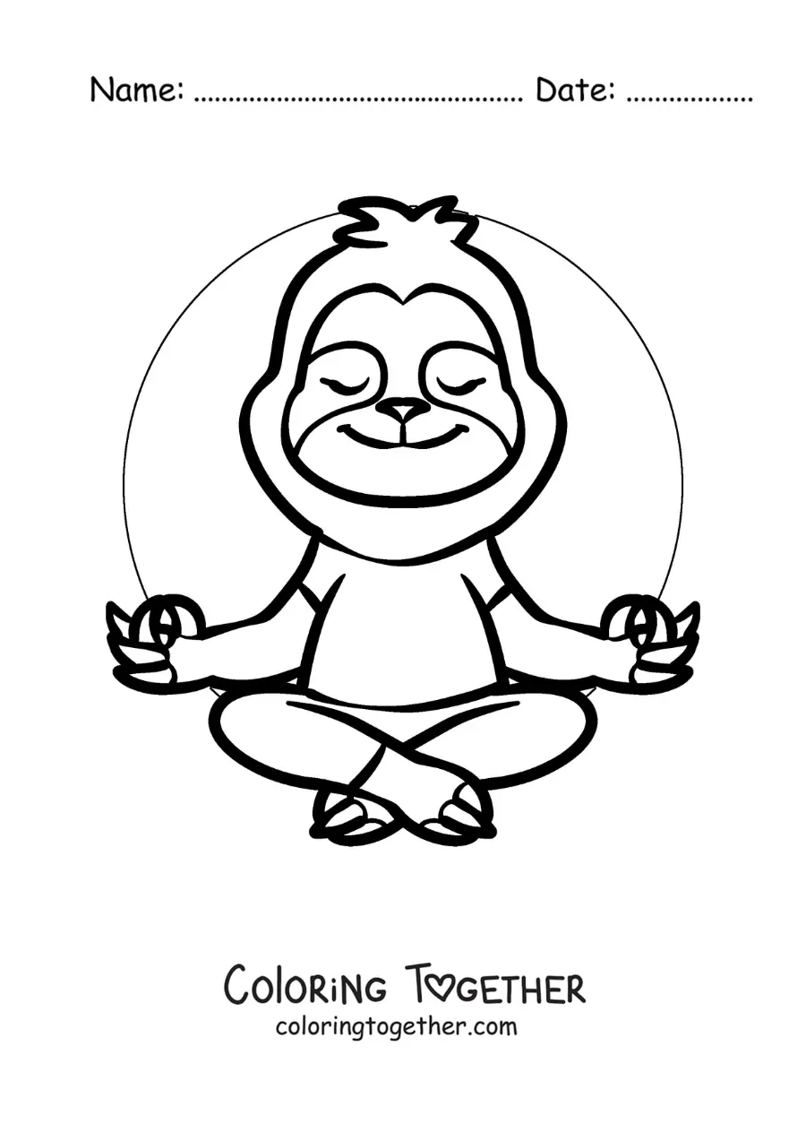Coloring page of a cartoon sloth meditating