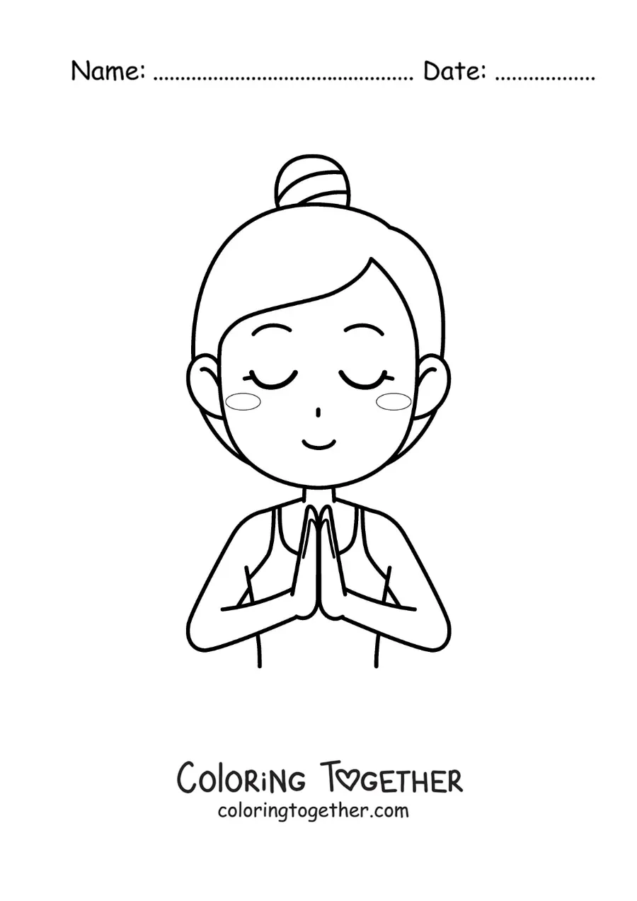 Coloring page of a woman meditating with her hands together