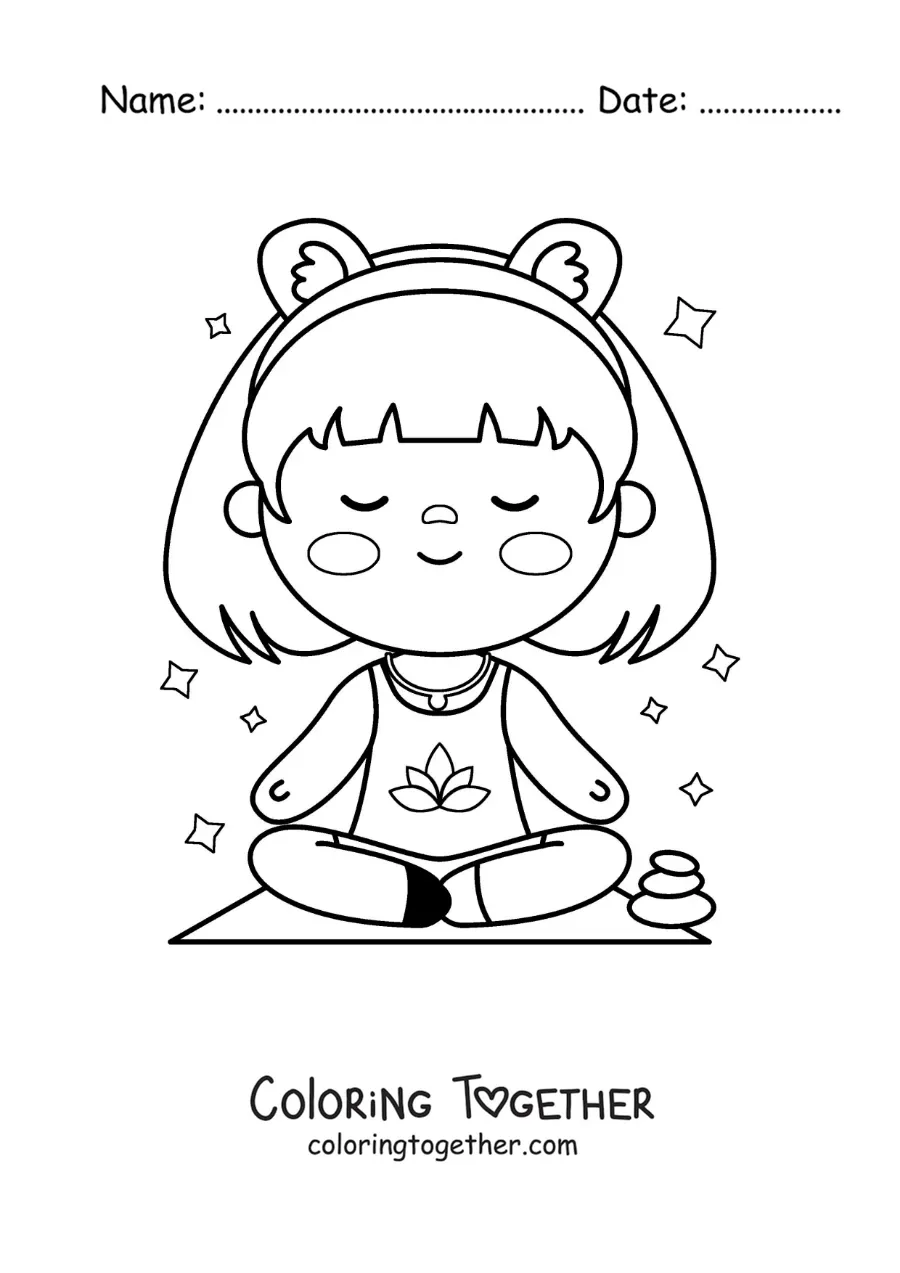 Coloring page of a cute cartoon kawaii girl meditating