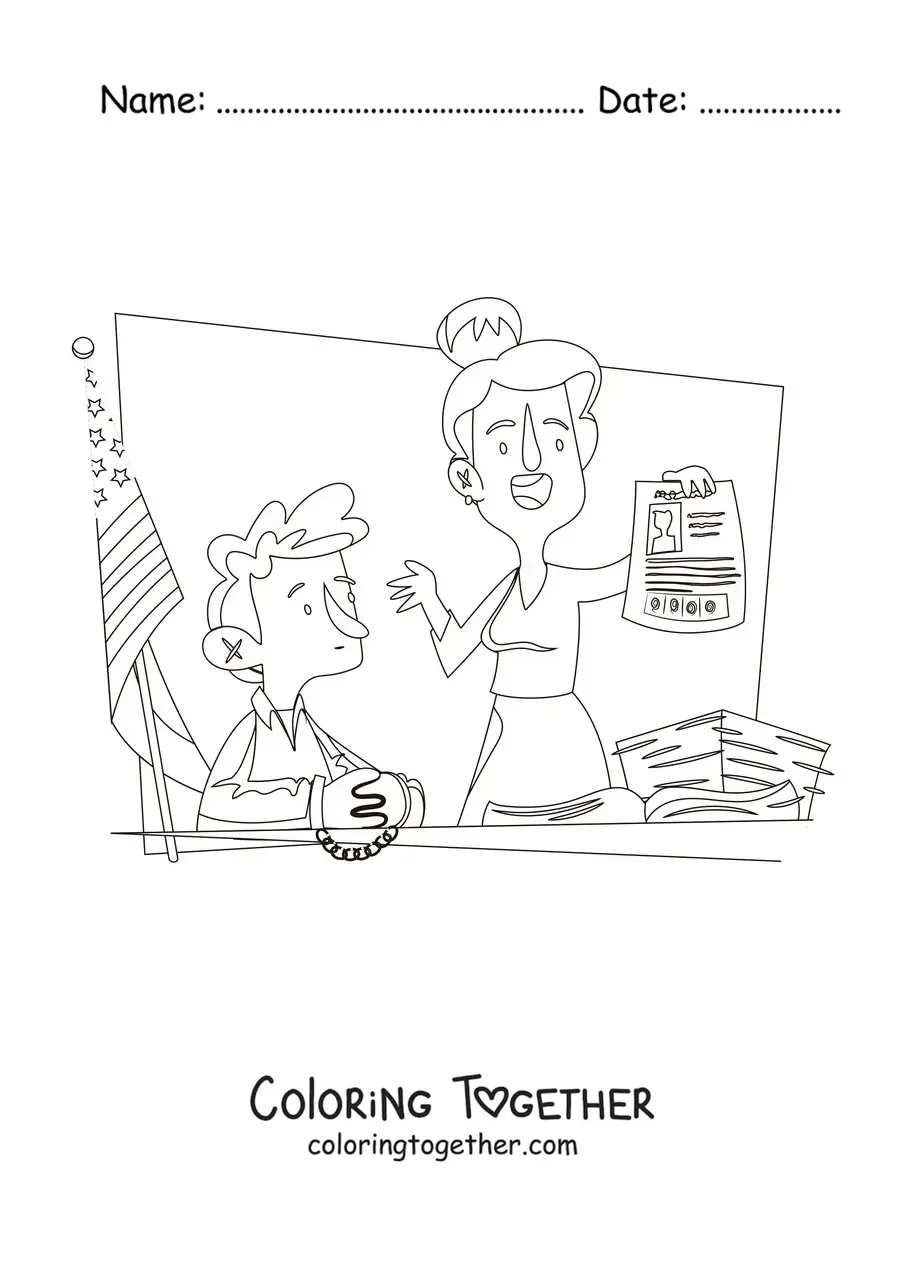 Coloring page of a cartoon woman lawyer defending a client
