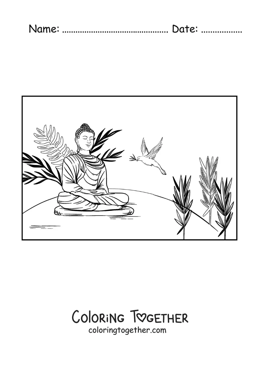 Coloring page of buddha sitting and meditating next to a dove