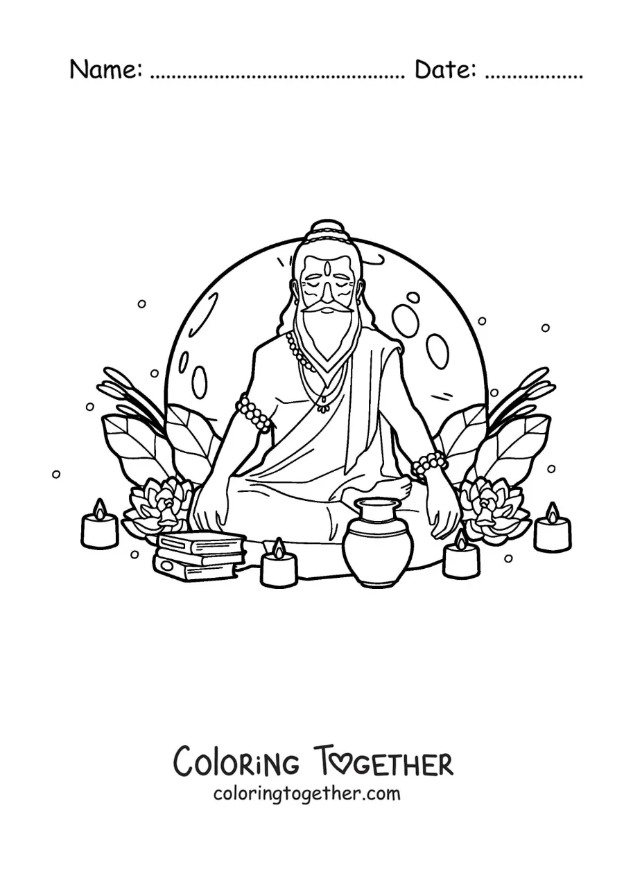 Coloring page of a Hindu guru sitting and meditating with candles