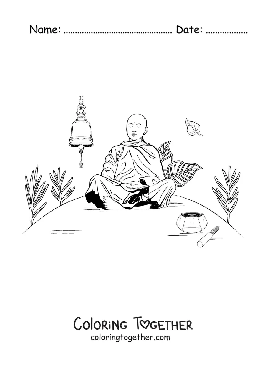 Coloring page of a Buddhist monk sitting in meditation beside a bell