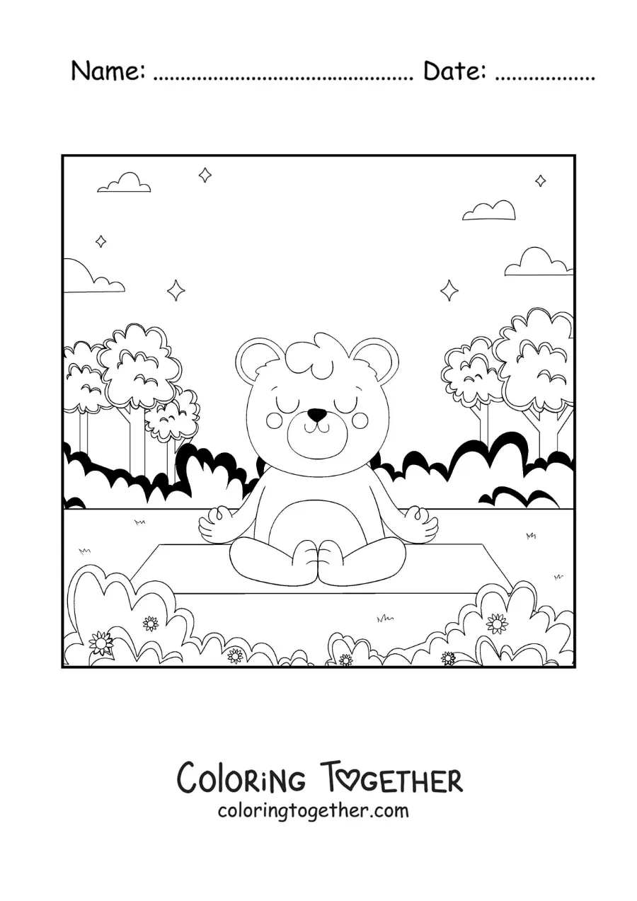 Coloring page of a cartoon bear meditating in the park