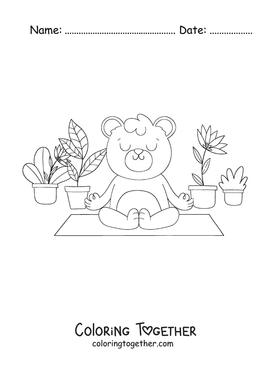 Coloring page of a cartoon bear meditating surrounded by plants
