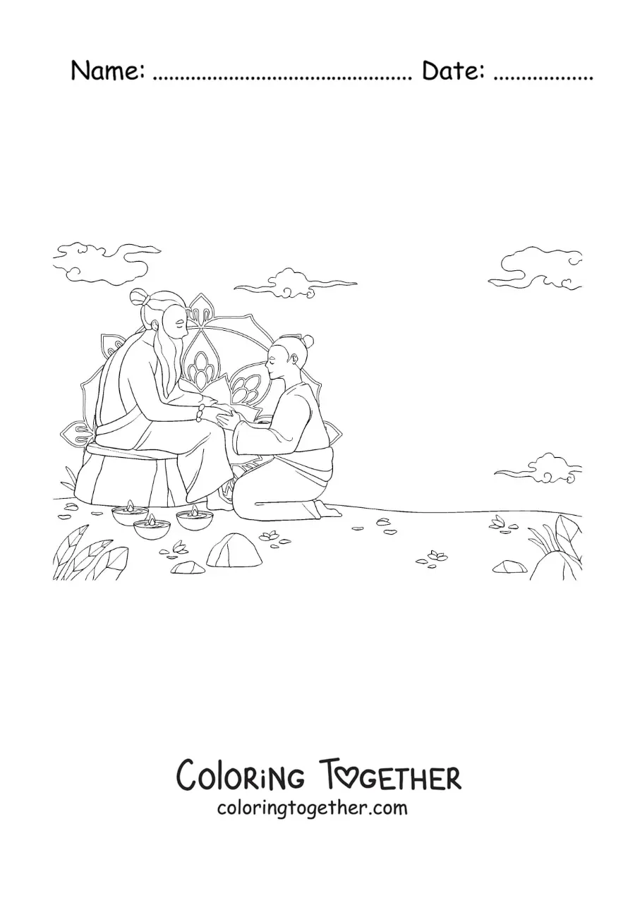 Coloring page of a monk and his guru