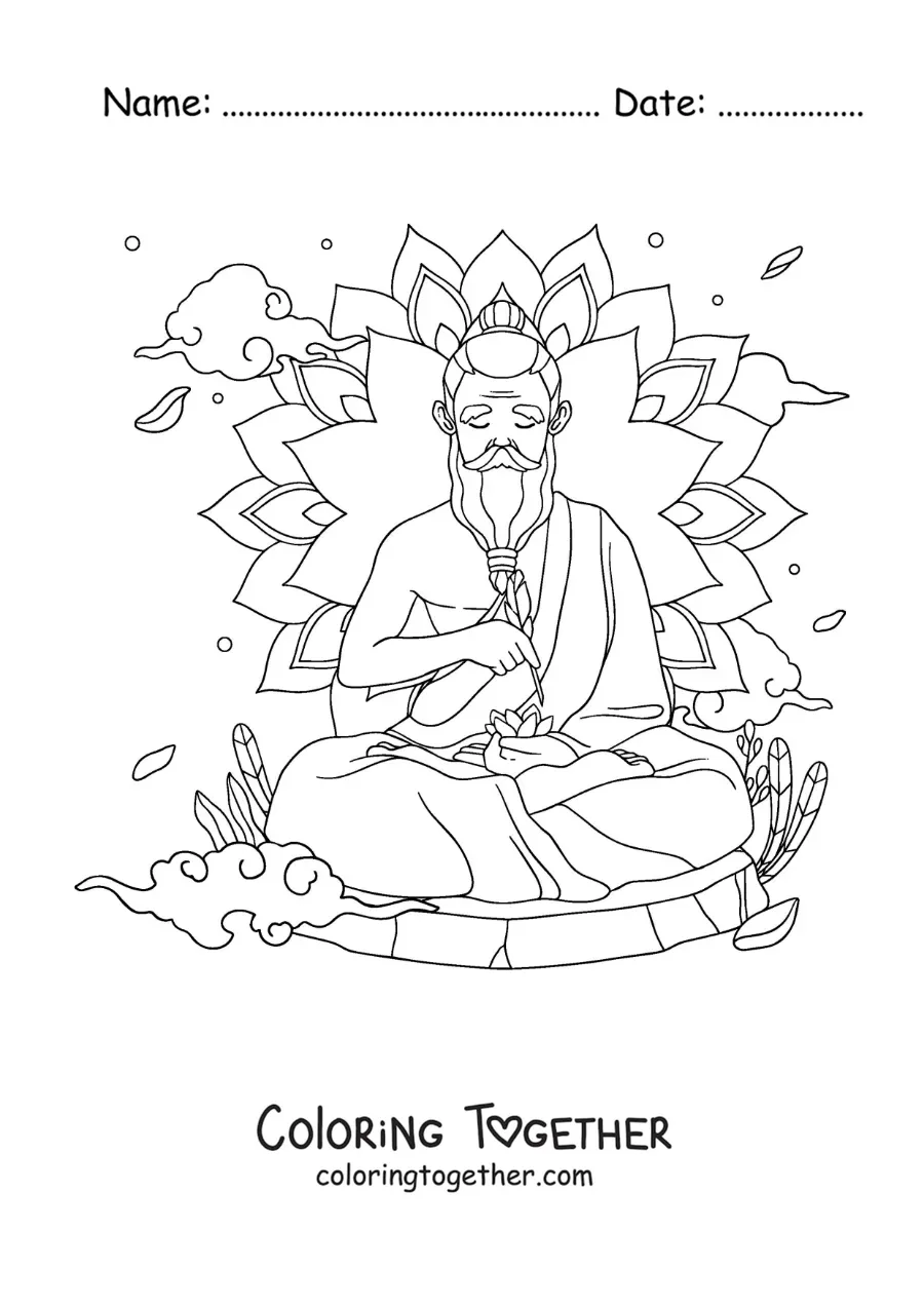 Coloring page of a guru meditating with a mandala in the background
