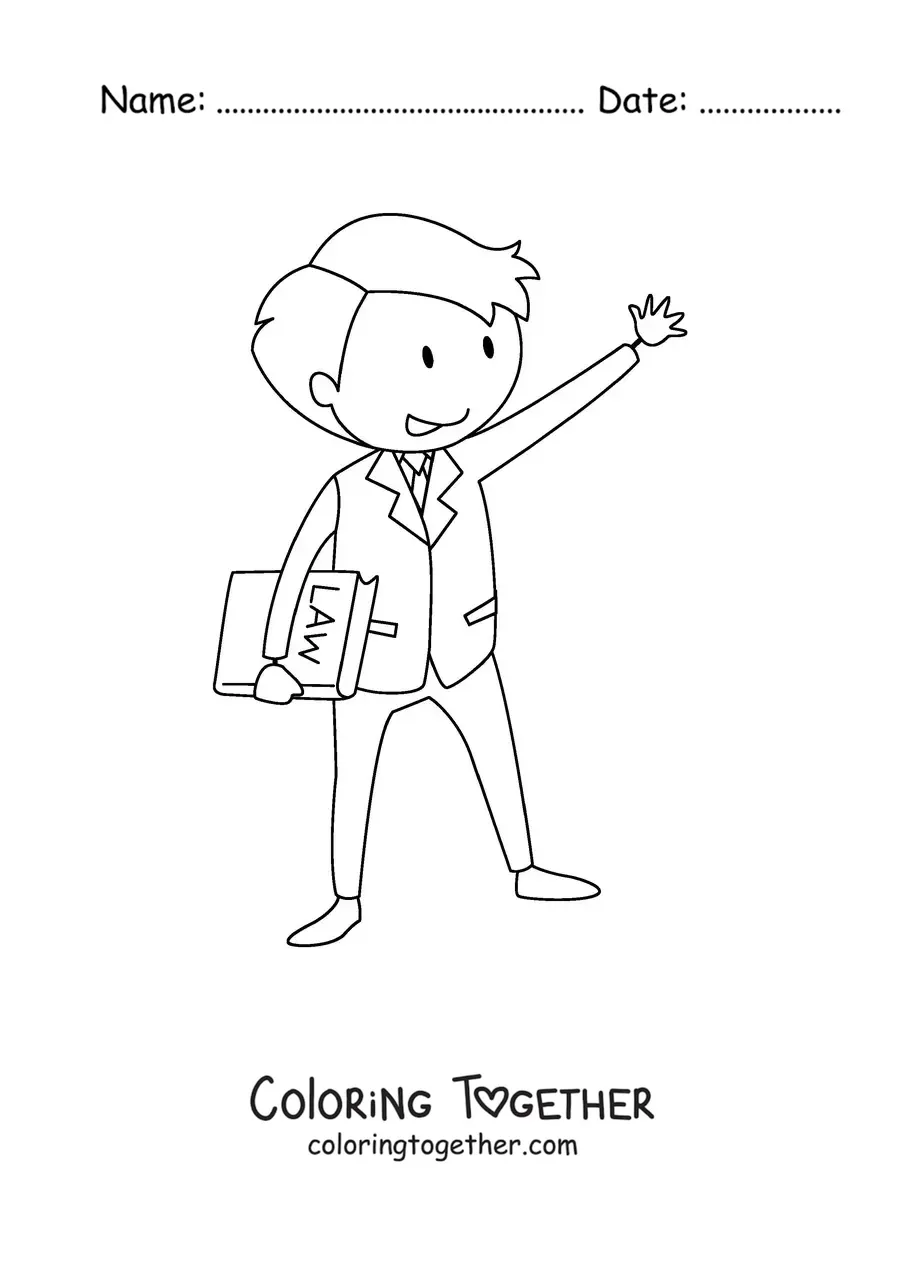 Coloring page of a cartoon lawyer holding law books
