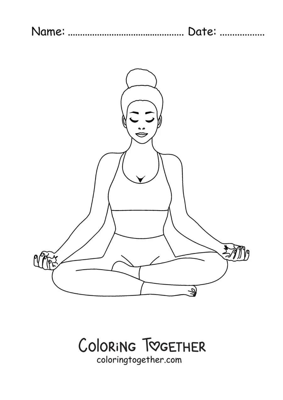 Coloring page of a woman meditating in a yoga pose