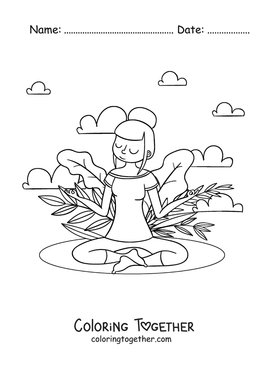 Coloring page of a girl meditating in the park