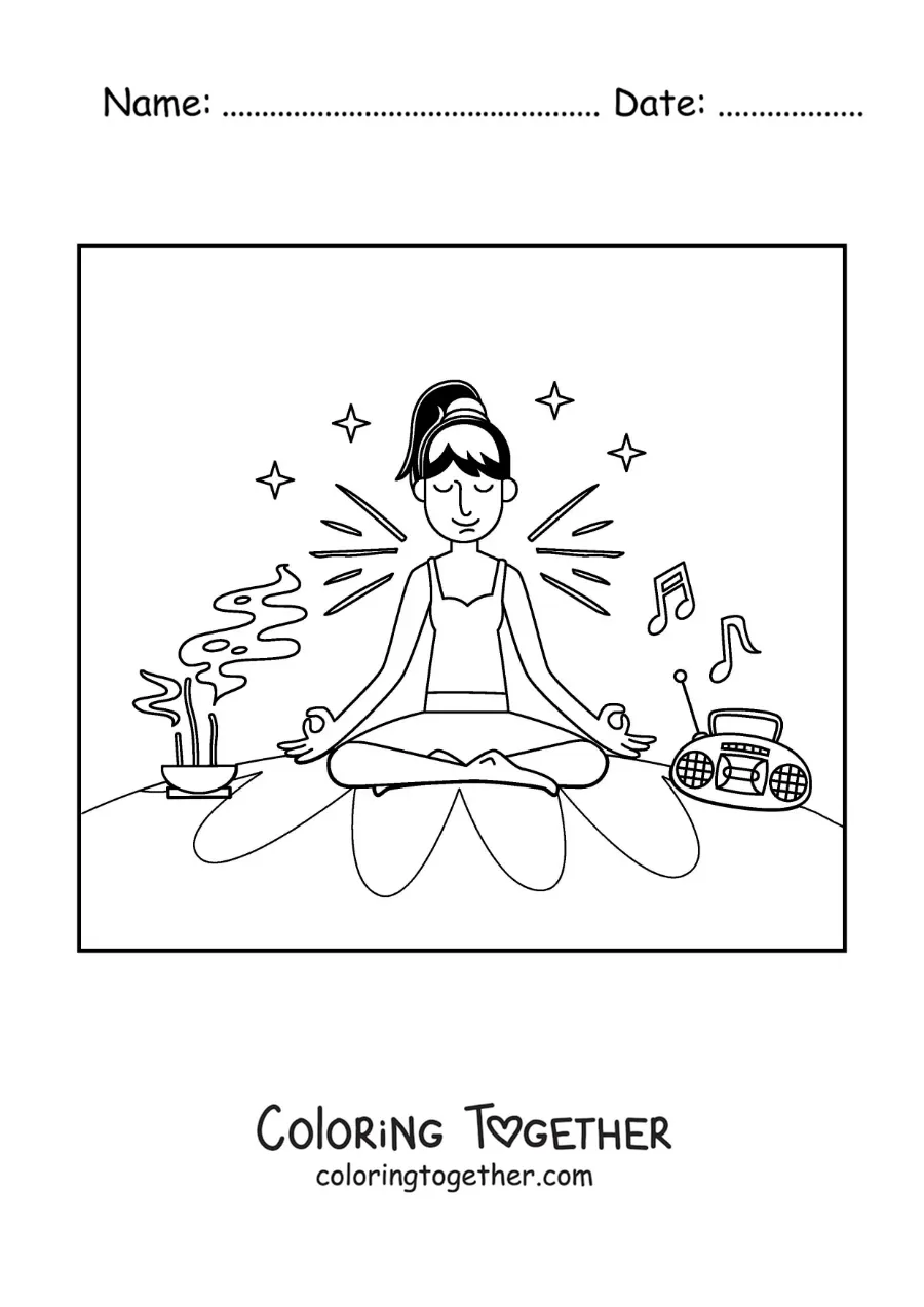 Coloring page of a girl meditating at home with music