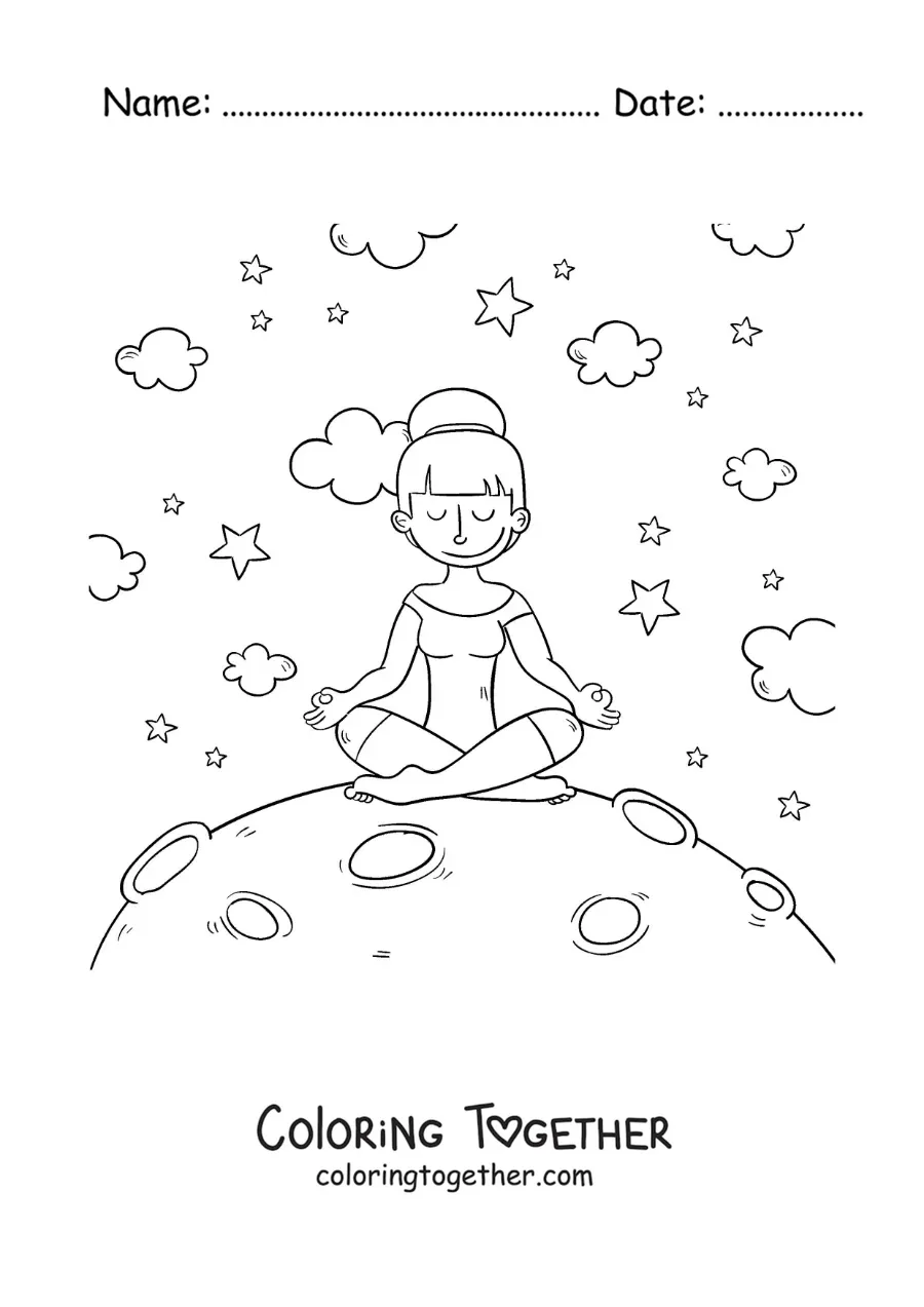 Coloring page of a girl meditating on the Moon