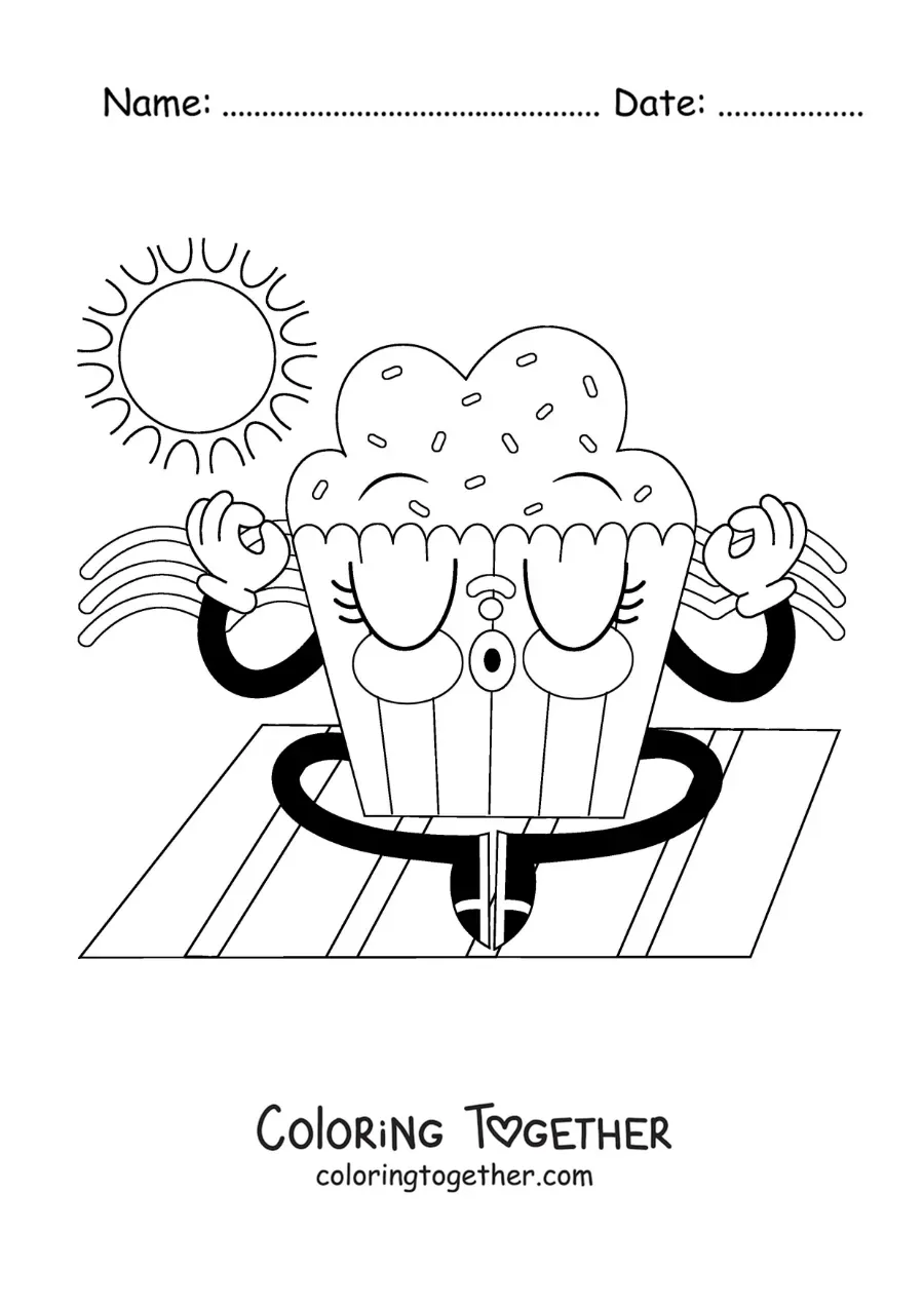 Coloring page of a cartoon of a cute cupcake meditating