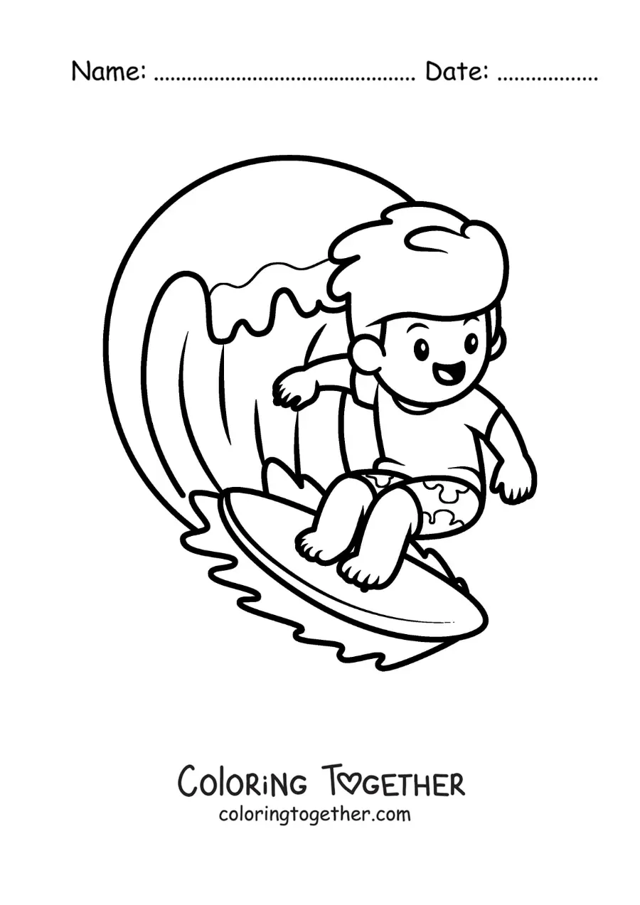 Coloring page of a cartoon boy surfing a wave