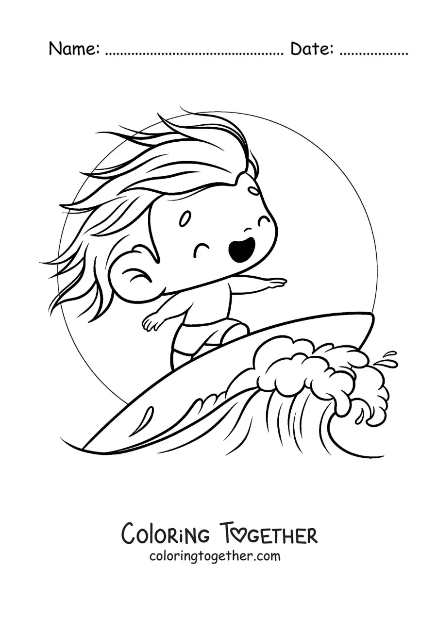 Coloring page of a kawaii boy surfing a wave