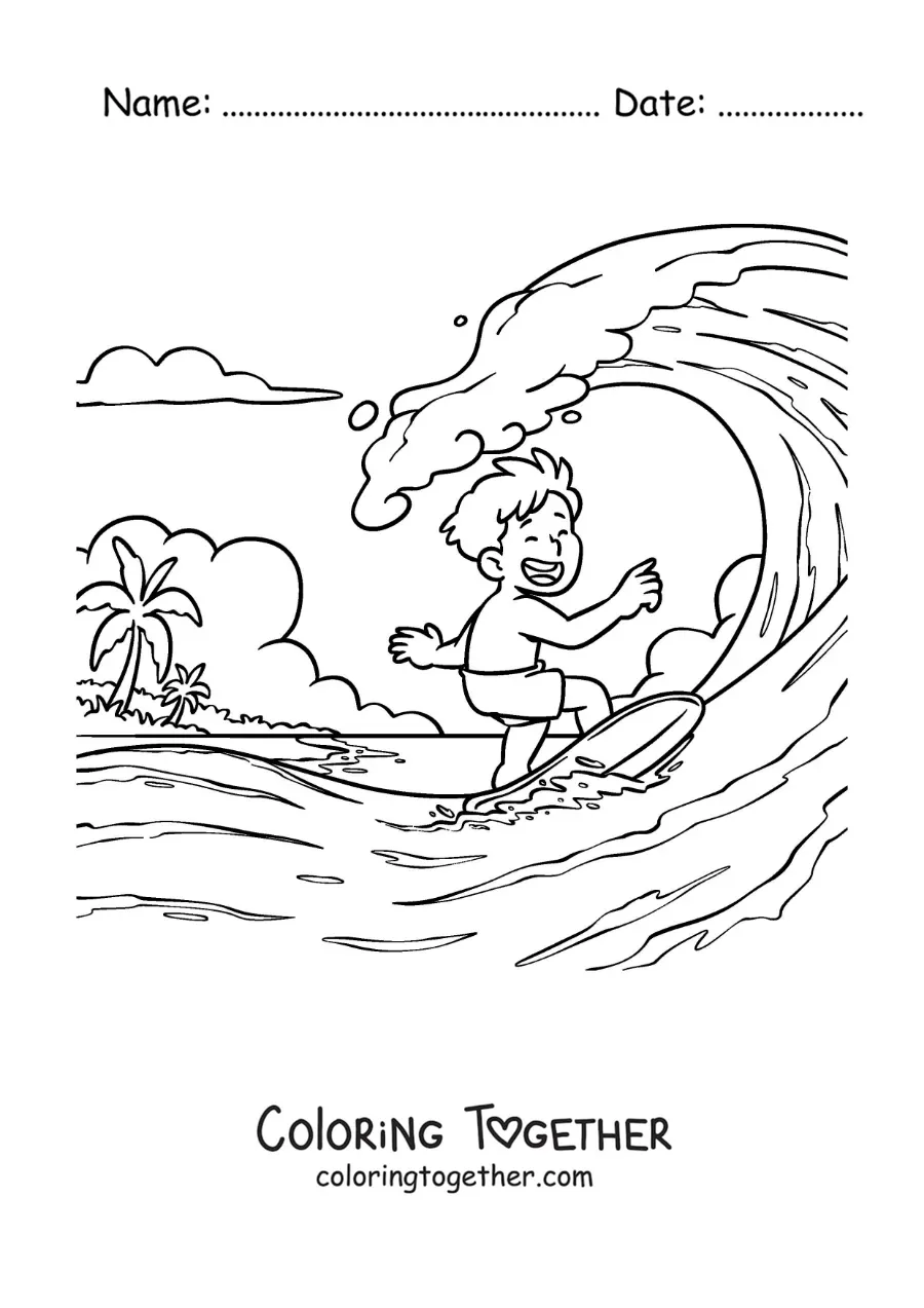 Coloring page of a boy surfing at the beach