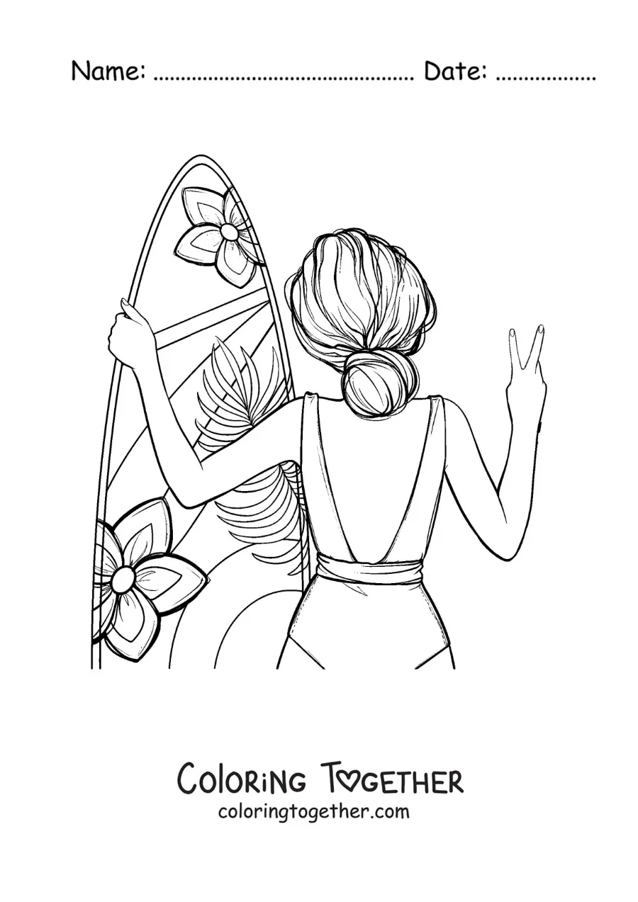 Coloring page of a girl seen from behind with her surfboard