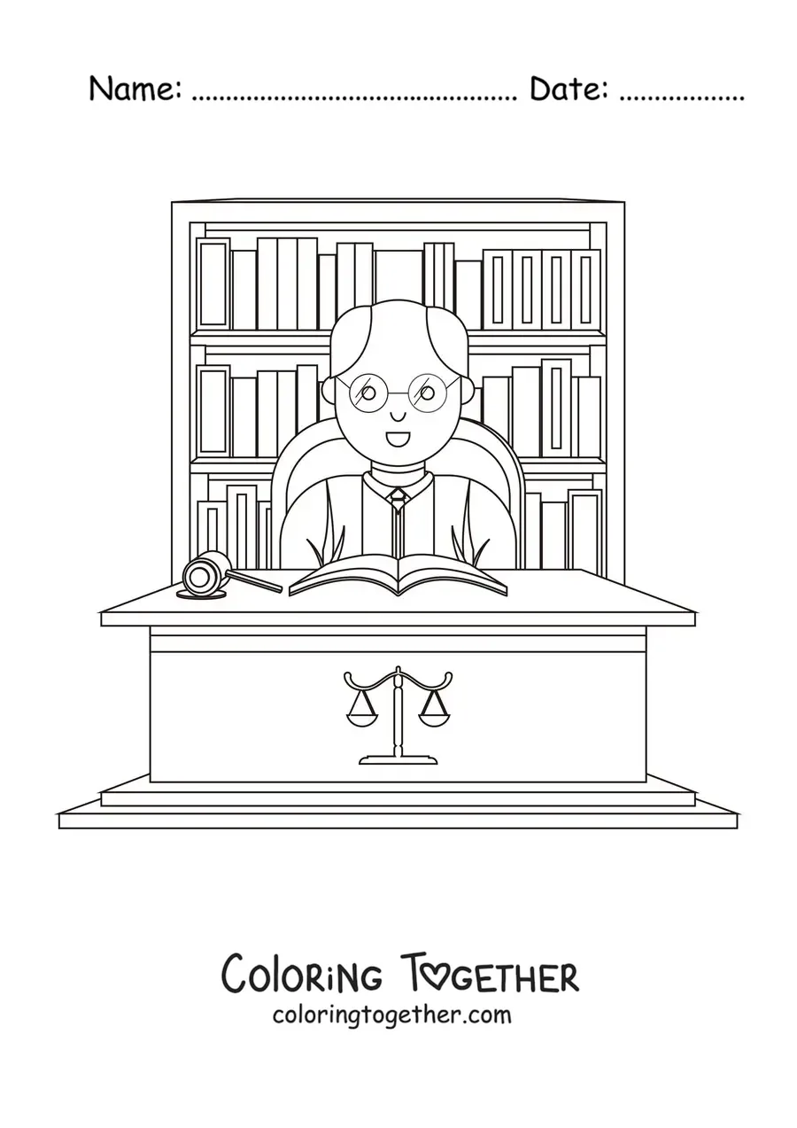 Coloring page of a lawyer with a gavel at his desk