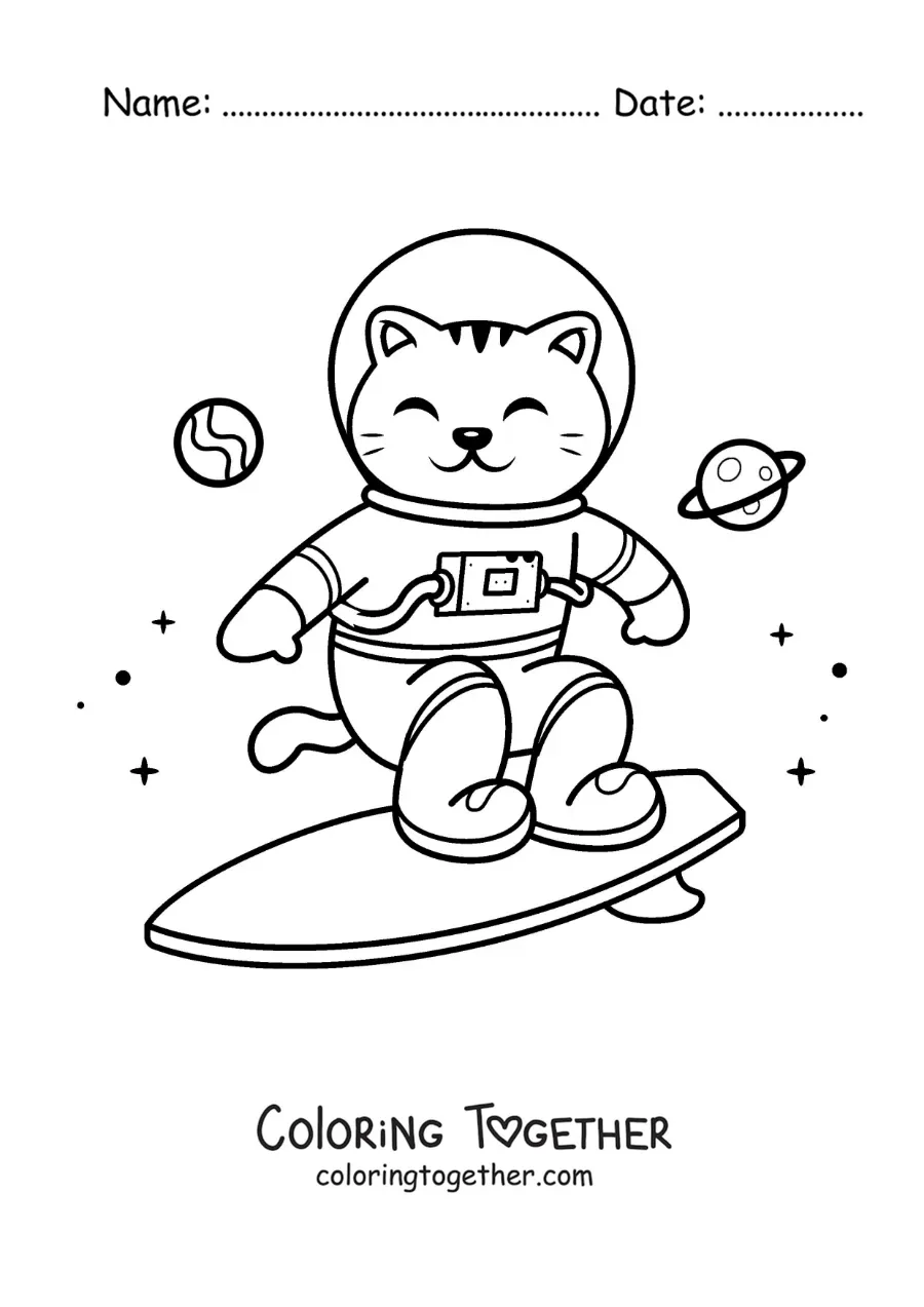 Coloring page of a cartoon astronaut cat surfing in space