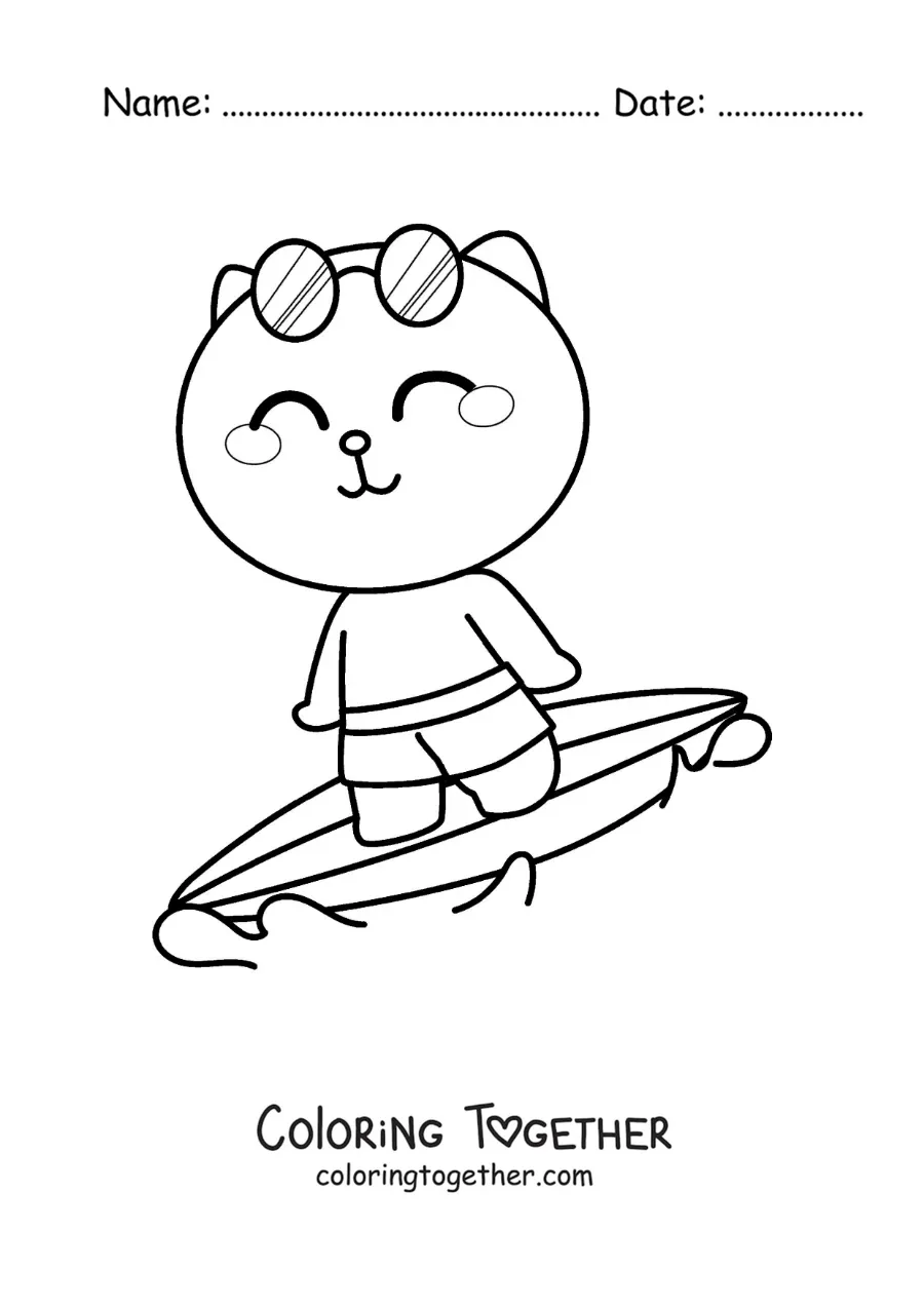 Coloring page of a cartoon cat surfing with sunglasses