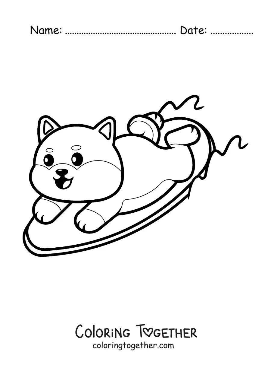 Coloring page of a cartoon surfer dog
