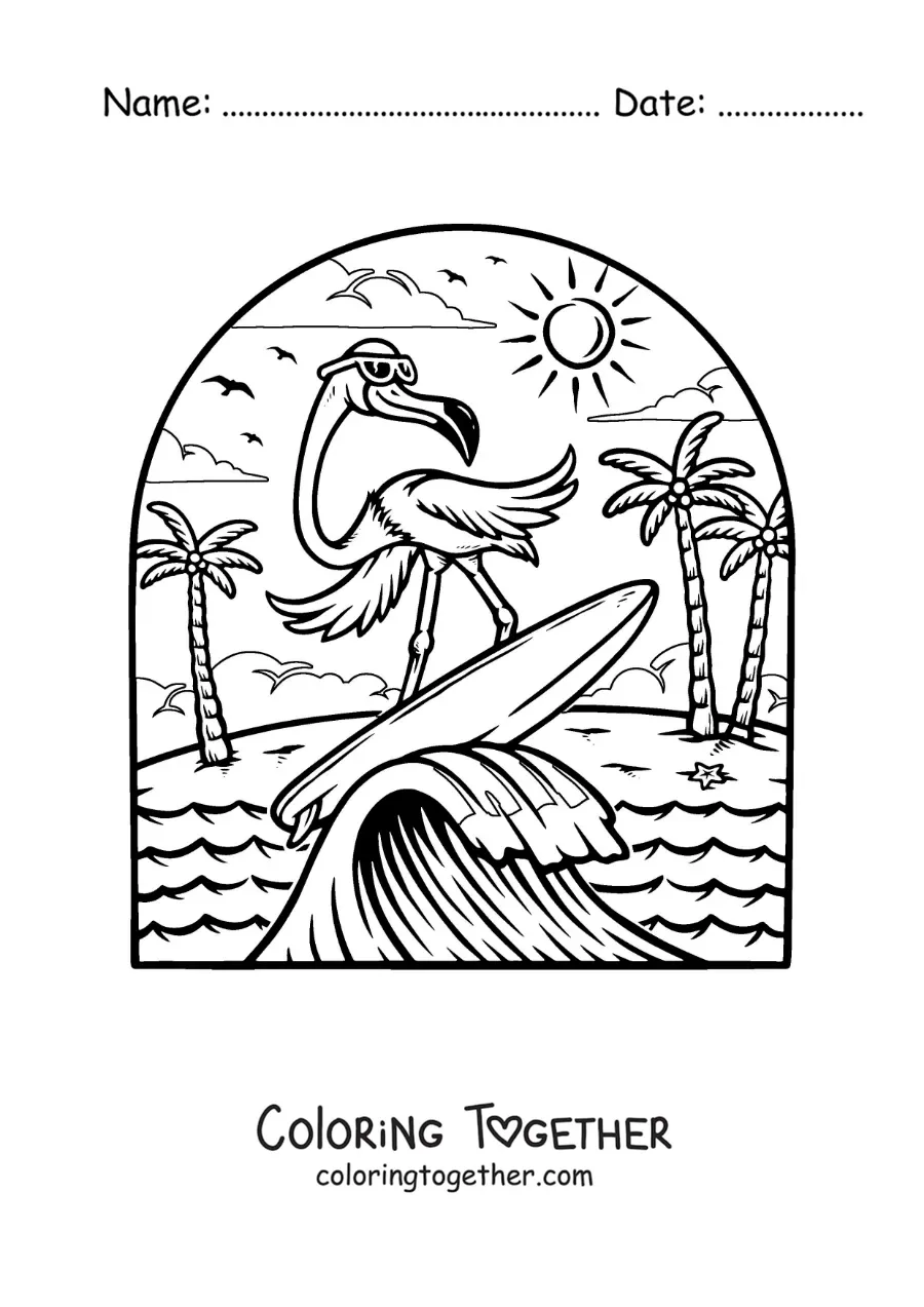 Coloring page of a cartoon flamingo surfing at the beach