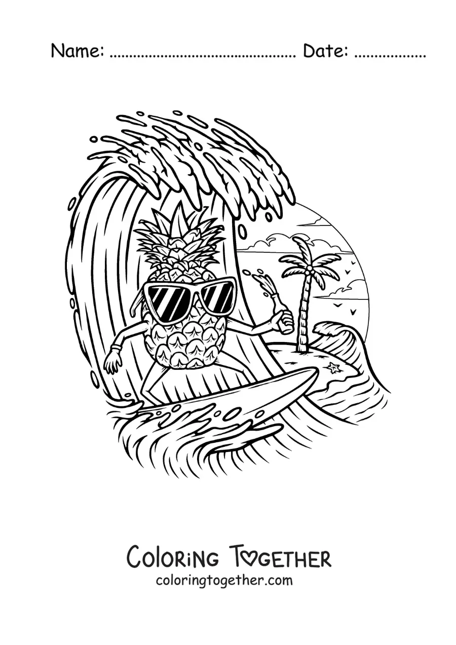 Coloring page of a cartoon pineapple surfing at the beach