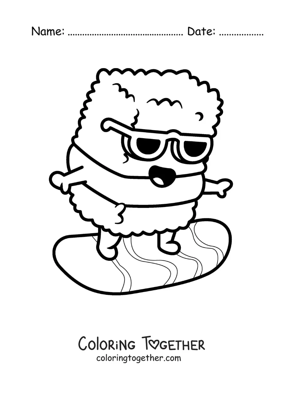 Coloring page of a cartoon sushi roll surfing at the beach
