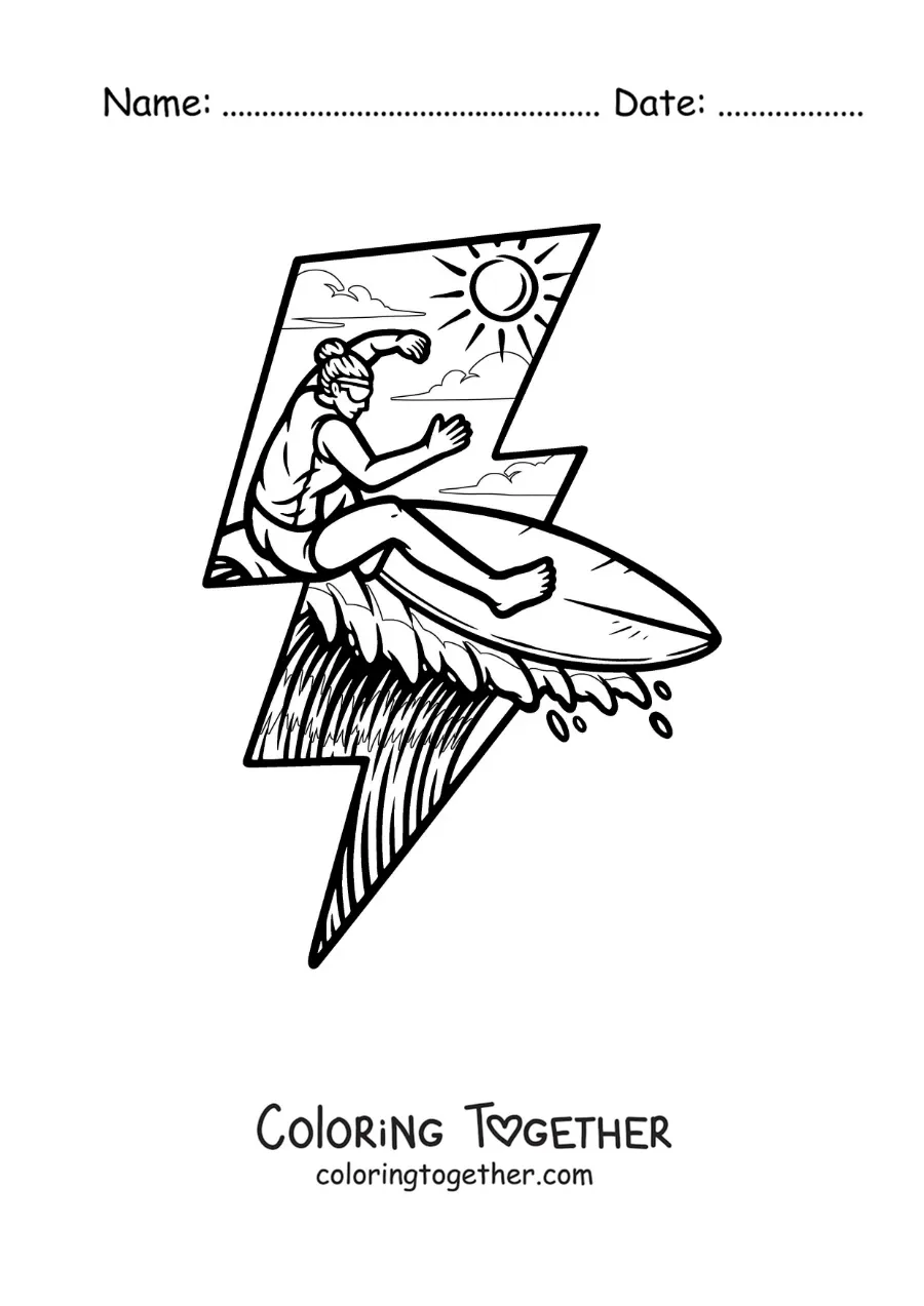 Coloring page of a girl surfing at the beach on a ray of light