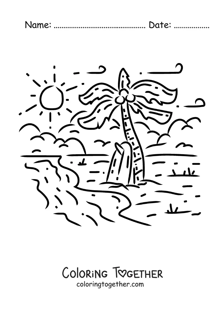 Coloring page of a surfboard on the sand at the beach