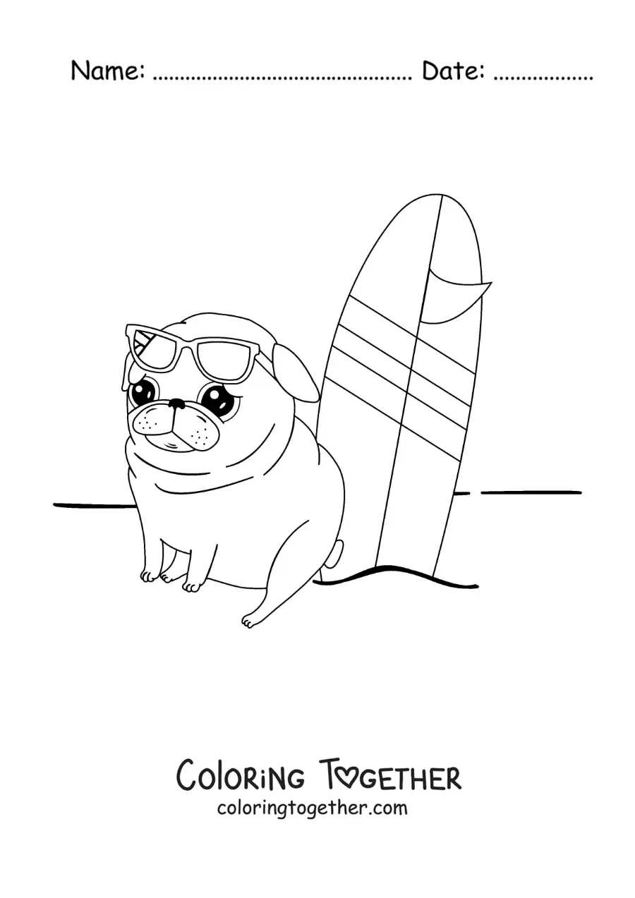 Coloring page of a cartoon pug next to a surfboard on the sand