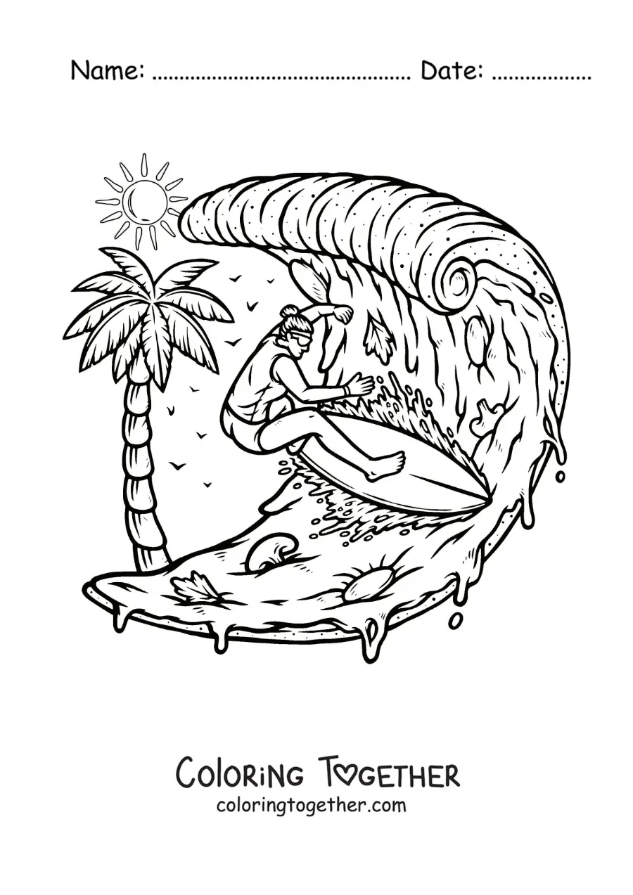 Coloring page of a girl surfing a wave of pizza