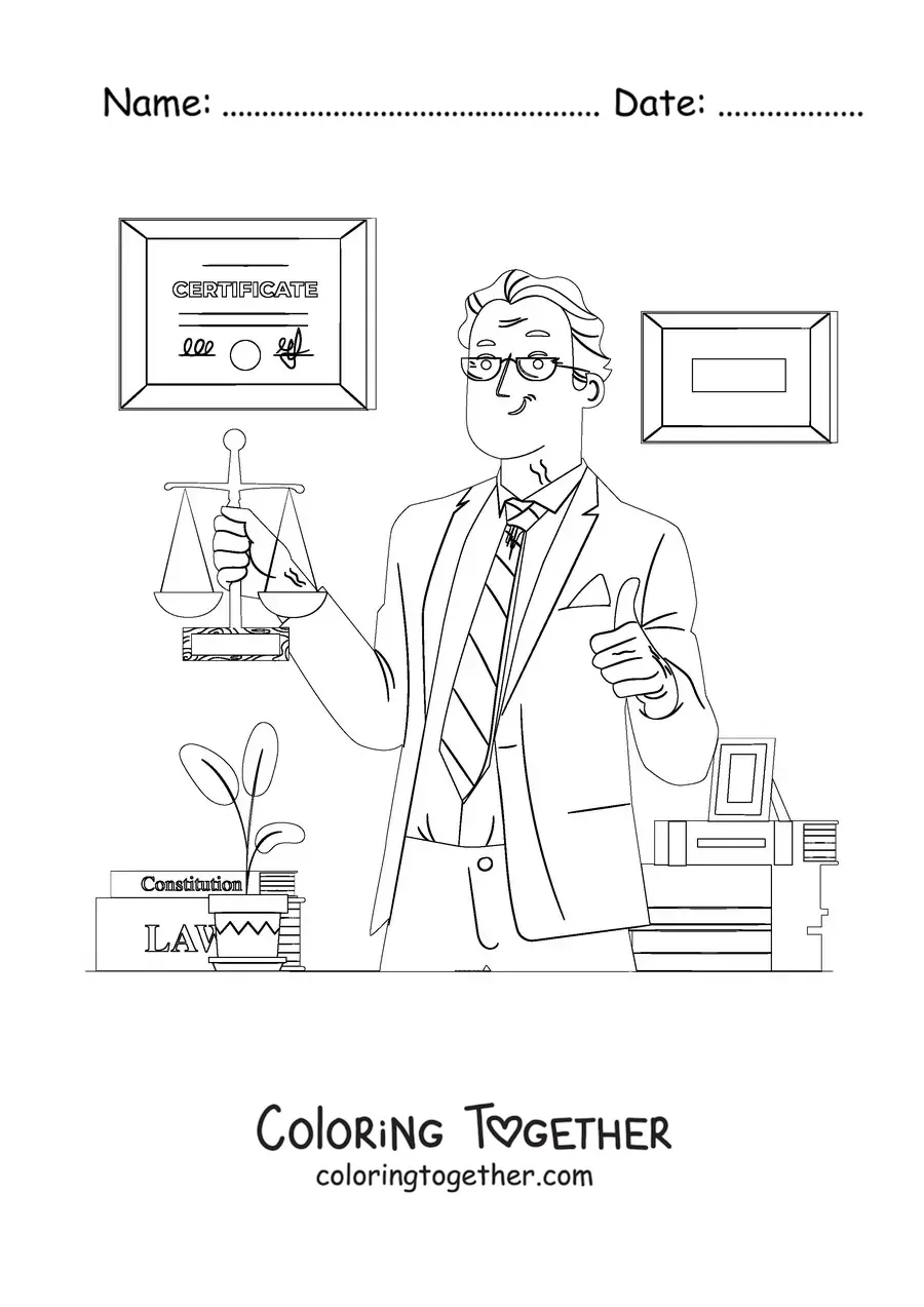 Coloring page of a lawyer holding a set of scales