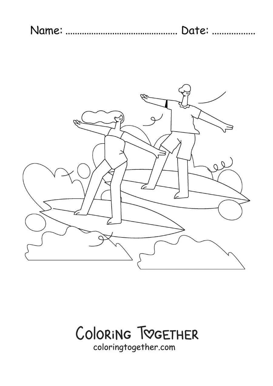 Coloring page of a couple surfing