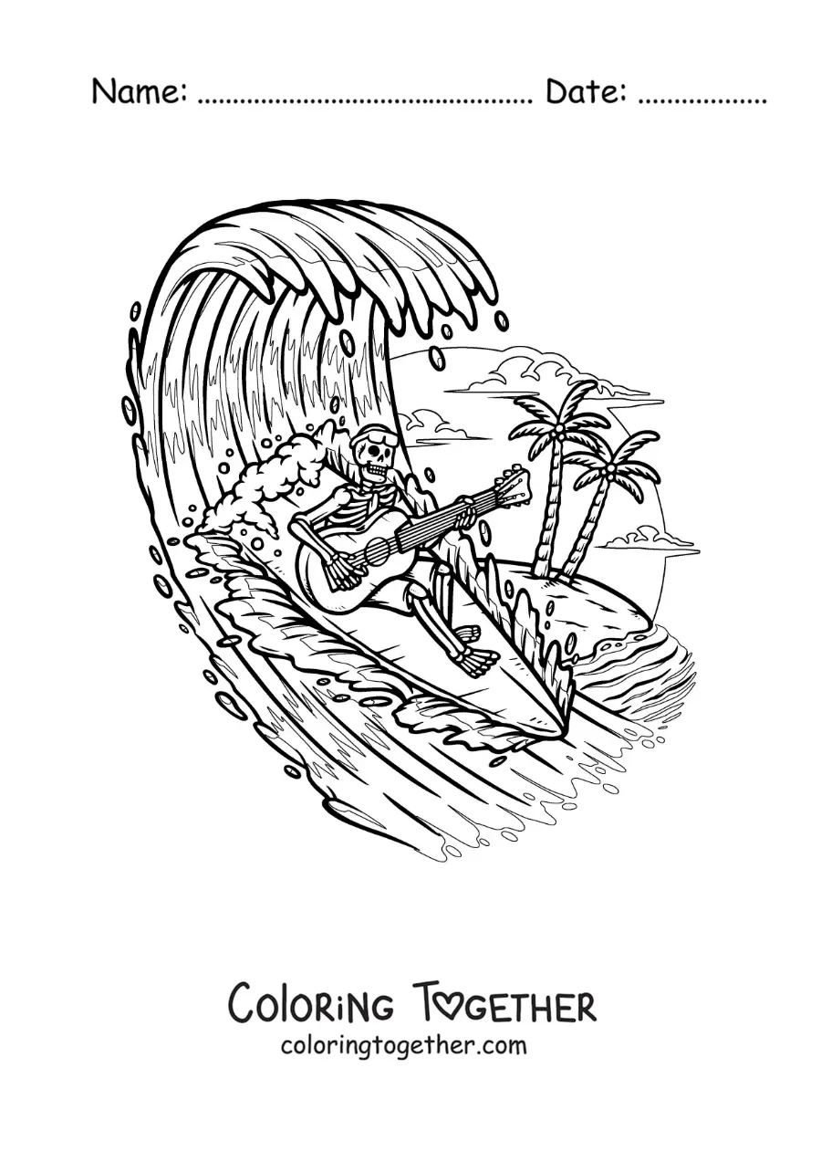 Coloring page of a skeleton playing the guitar while surfing at the beach
