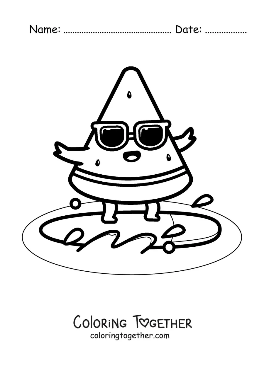 Coloring page of a cartoon slice of watermelon surfing