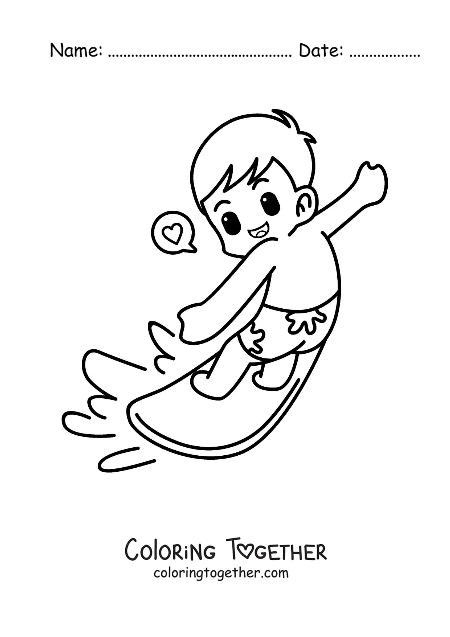 Coloring page of a cartoon boy surfing