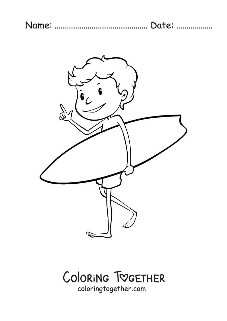 Coloring page of a cartoon surfer boy