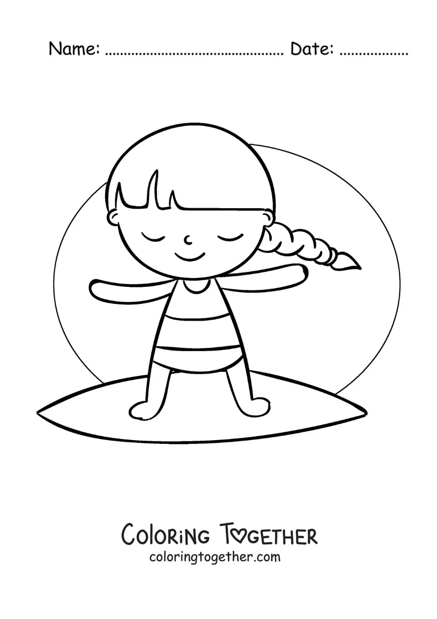 Coloring page of a cartoon girl surfing