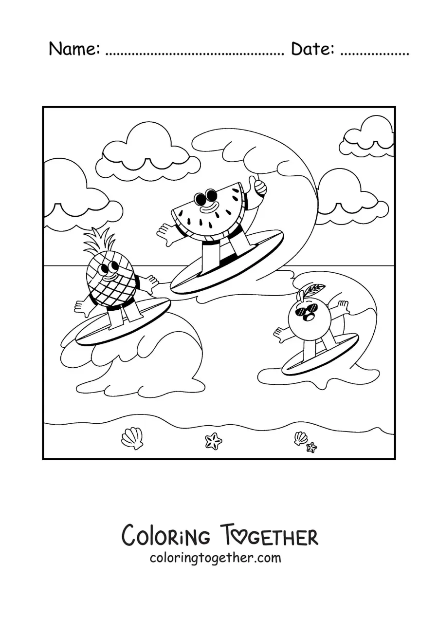 Coloring page of cartoon fruits surfing at the beach