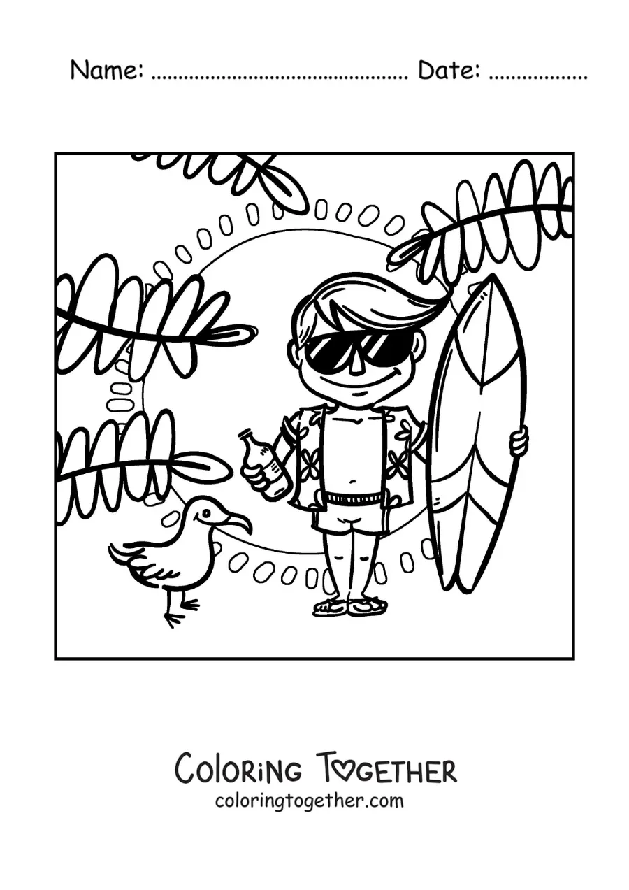 Coloring page of a surfer boy at the beach with sunglasses and a bottle