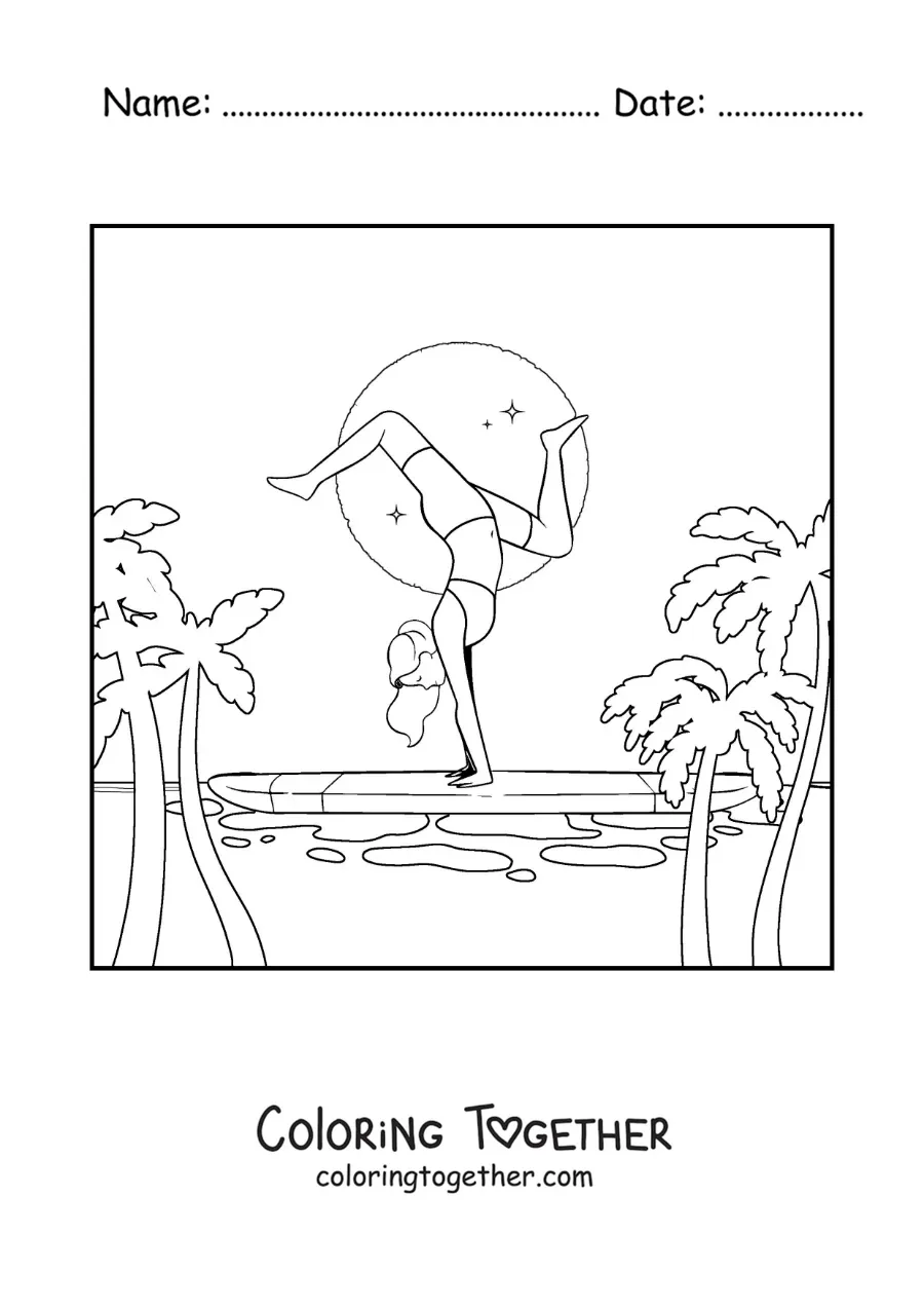Coloring page of a girl doing tricks on a surfboard at the beach