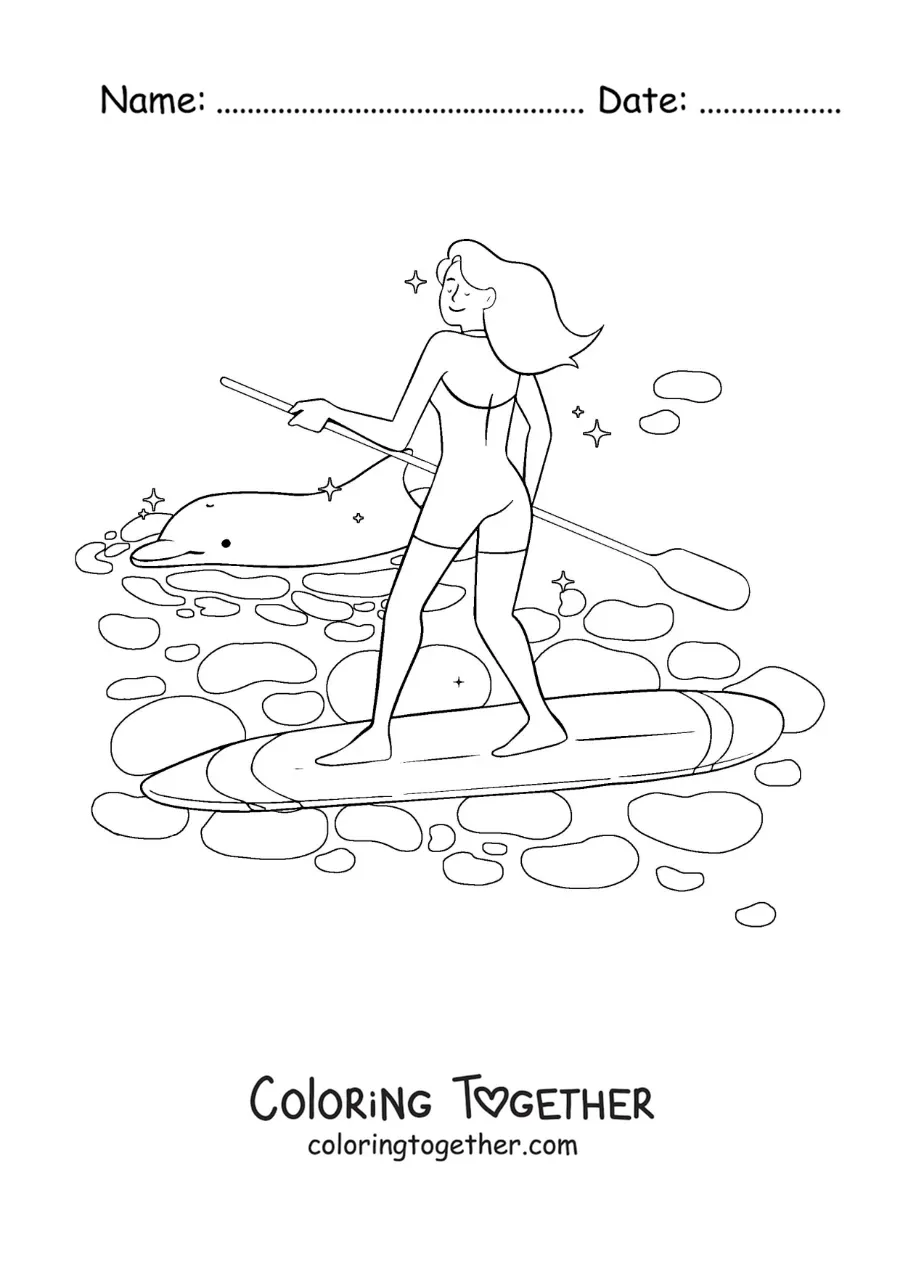 Coloring page of a girl doing stand-up paddle surfing